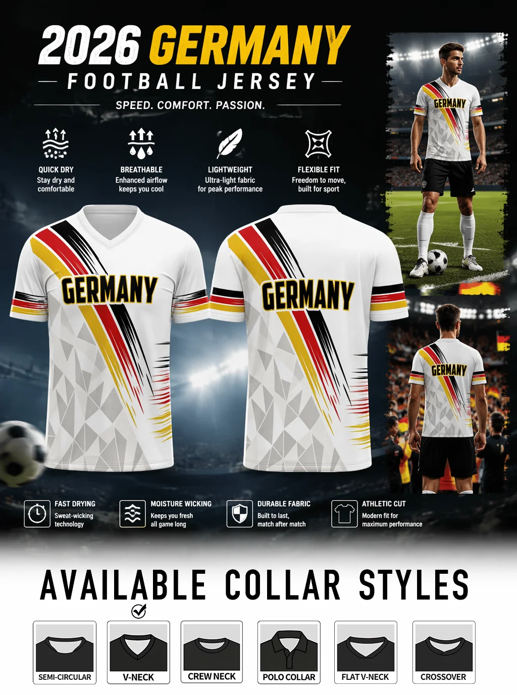 Hard‑wearing Germany national team jersey, athletic cut and six optional collar‑type choices
