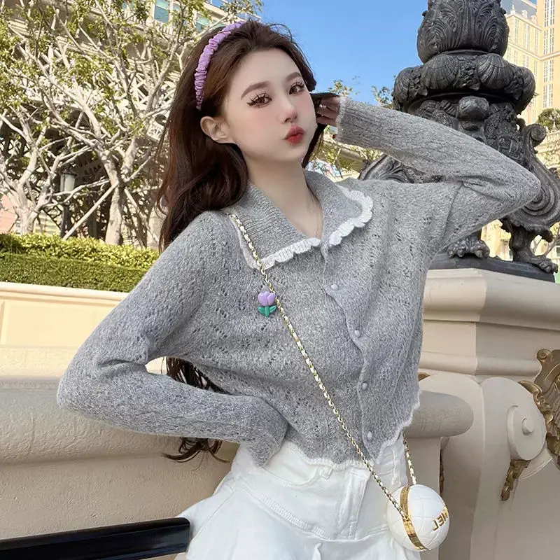 Peter Pan Collar Hollow Out Knitting Cardigan Women Autumn Sweet Solid Color Sweater Coat Fashion Slim Long Sleeve Knitwear Tops