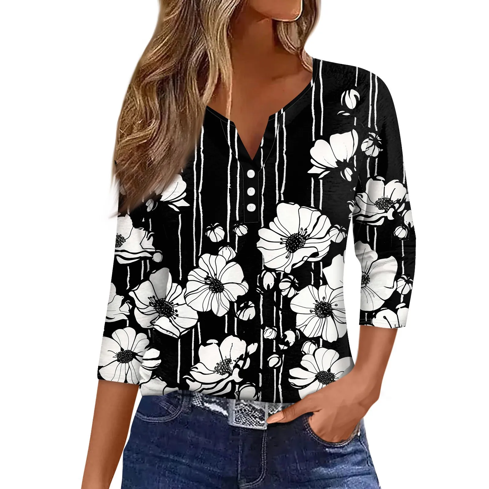 

Digital Ladies' Senior Style, Simple Summer Button Temperament, Plant Seven Quarter Sleeves, One Piece Hair ReplacementWG23