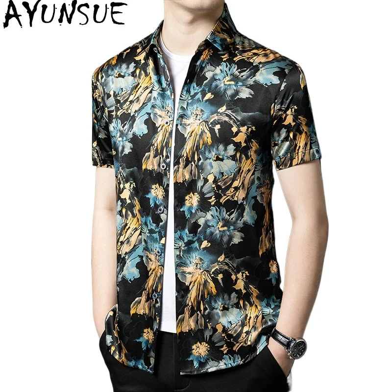 

AYUNSUE 92.5% Mulberry Silk 7.5% Spandex Shirt for Men Fashion 2026 Casual Business Short Sleeve Tops Fashion Printed Shirt Man