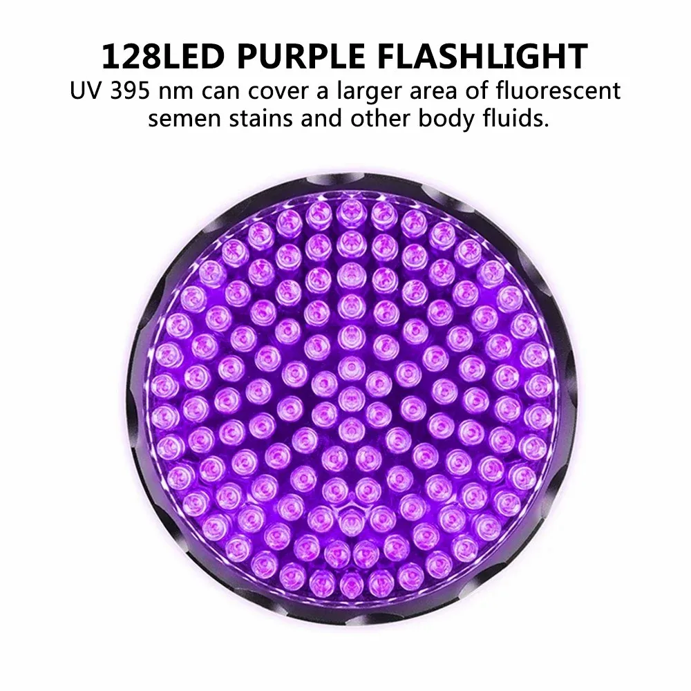 128LED 395nm UV Flashlight High Power Ultraviolet UV Torch Ore Pet Stains Invisible ink Scorpion Marker Fluorescent Purple Light