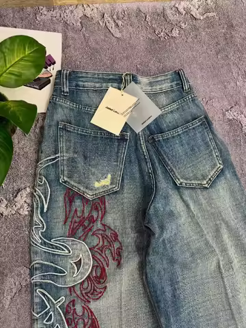 Street Fashion Trend Letter Embroidered Jeans Men Harajuku Y2K New Hip Hop Joker Straight Wide-leg Pants Couple Casual Jeans
