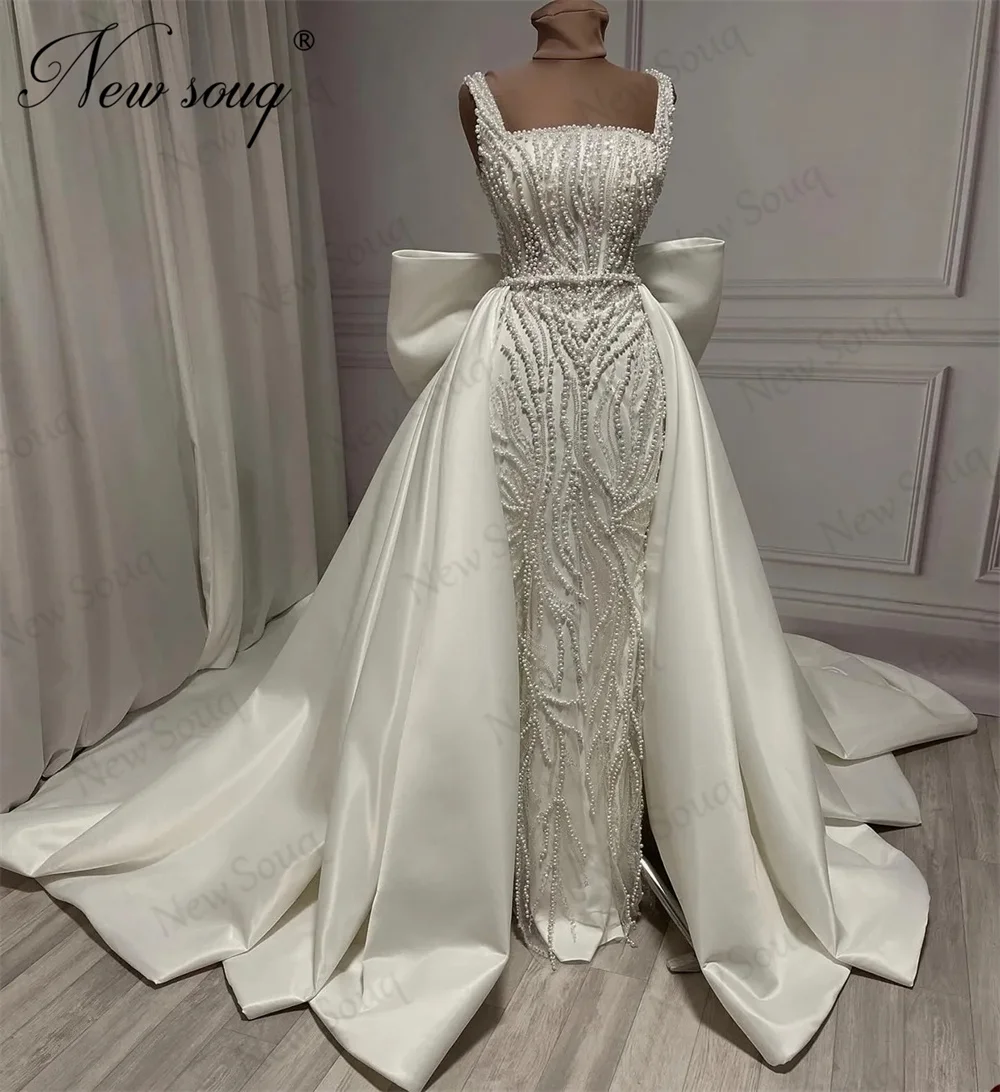 2024 Elegant Ivory Pearls Evening Dresses Glitter Beading Spaghetti Straps Wedding Party Gowns Dubai Vestidos De Gala Prom Dress