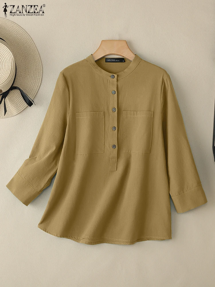 

ZANZEA Summer Vintage Cotton Shirts Women 3/4 Sleeve Solid Blouse Casual Buttons Tunic Tops Elegant Work OL Blusas Loose Chemise
