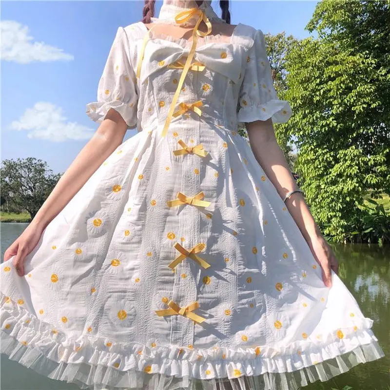 

Daisy Sweet Big Bow Midi Dress Ruffles Summer Japan Style Lolita Women's Clothing Stylish Square Collar Waist Elastic Dresses