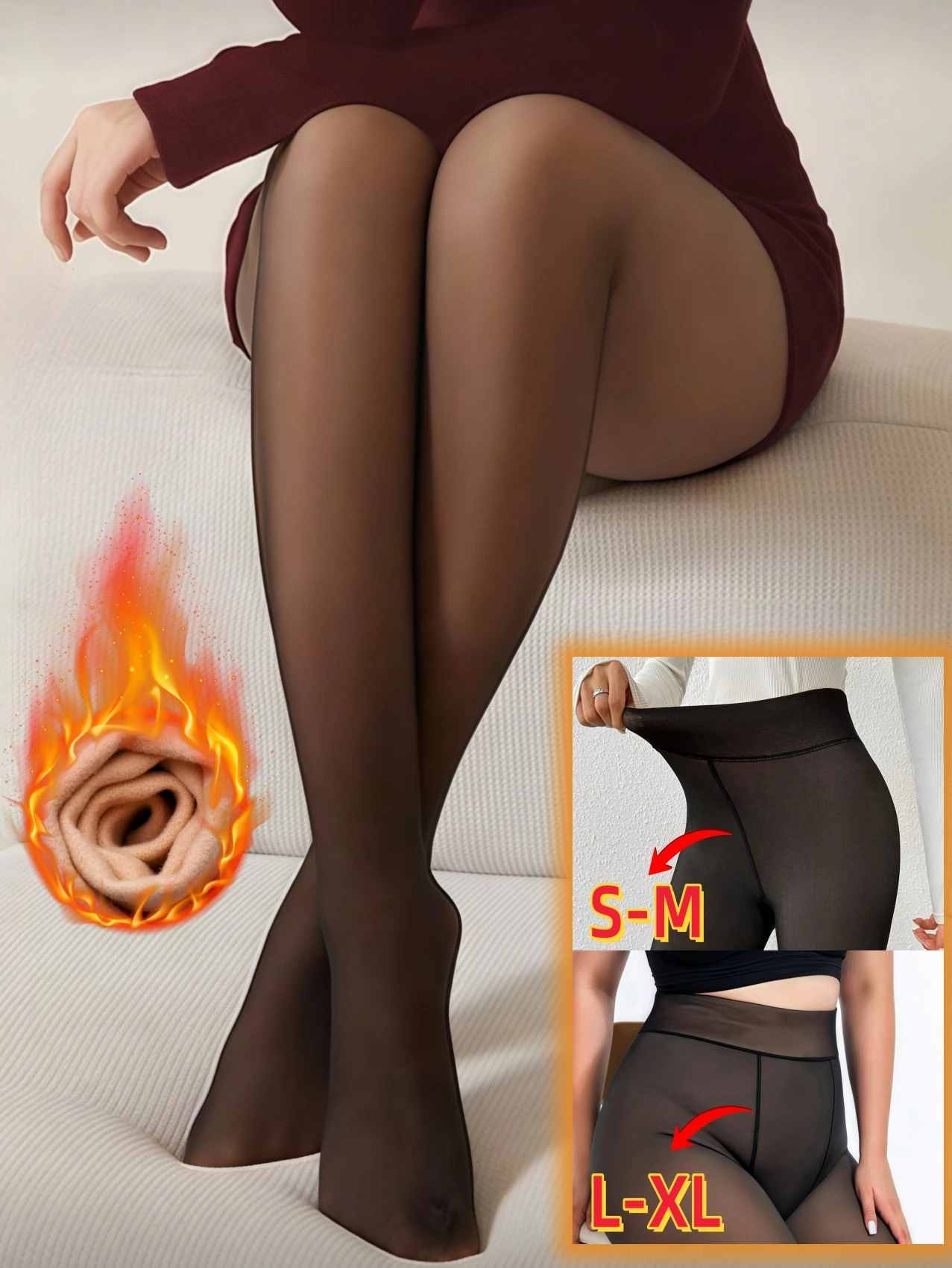 Women's Fleece Lined Fake Translucent Tights, S/M-L/XL Multi Size Warm Thermal Pantyhose for Winter