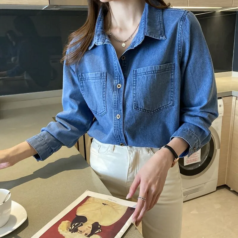 Women Denim Shirt Single Breasted Solid Coat Long Sleeve Turn Down Collar Casual Spliced Blouses Elegant Office Lady Autumn