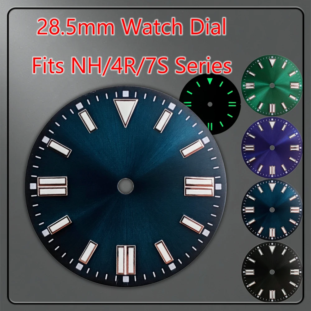 28.5mm Sunburst Diver Watch Dial For NH35 NH36 4R 7S Movement 3 O'clock Top Triangle No Logo Green Lume Mod Part Watch Accessory