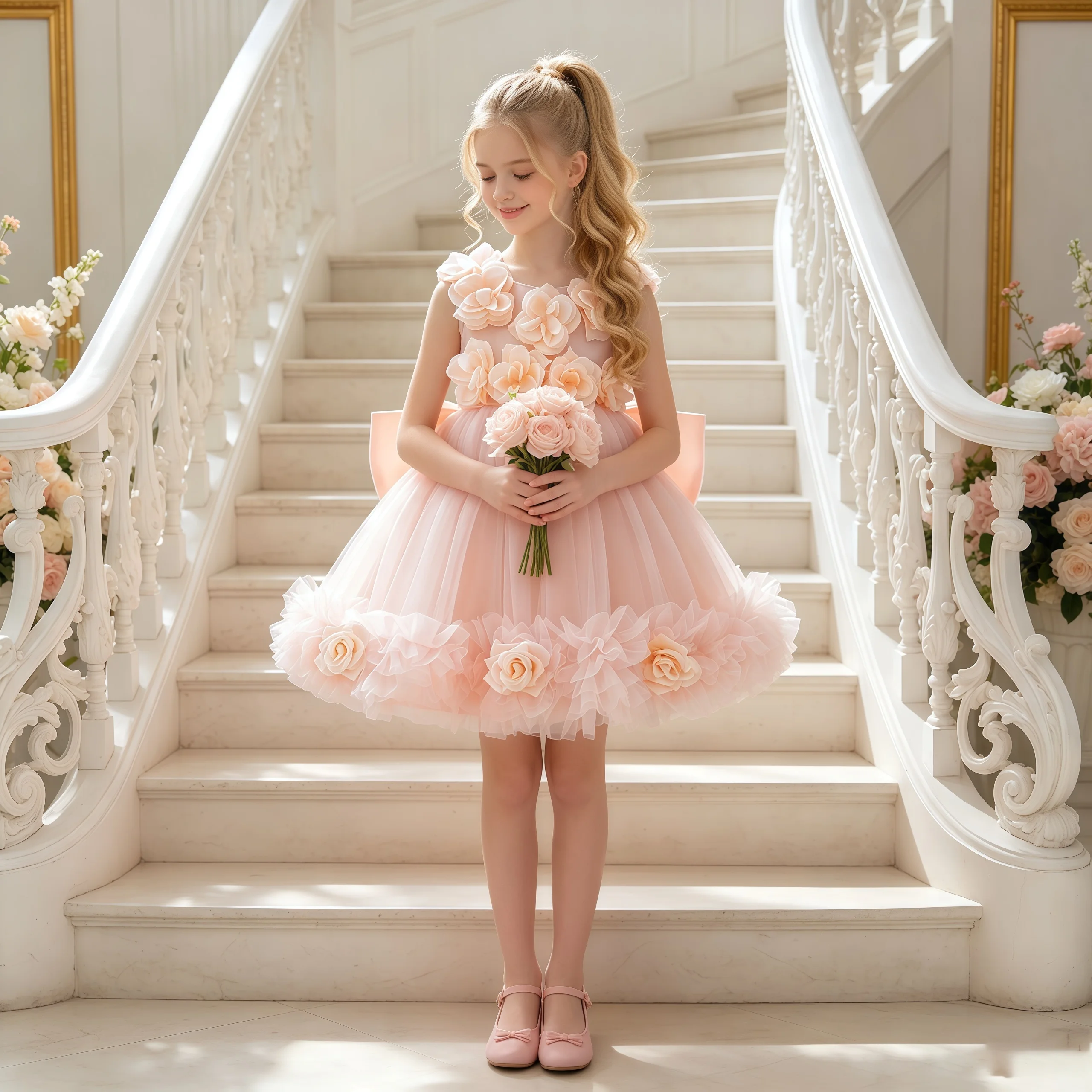 Summer Flower Party Girls Dresses Elegant Bow Wedding Bridesmaids Birthday Princess Prom Dress Girl Gala Graduation Evening Gown