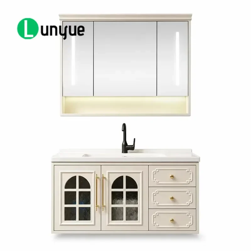French Oak Cream Wall Mounted Bathroom Vanity Set with Anti Fog Ceramic Integrated Basin Lamp Mirror Modern Storage Cabinet