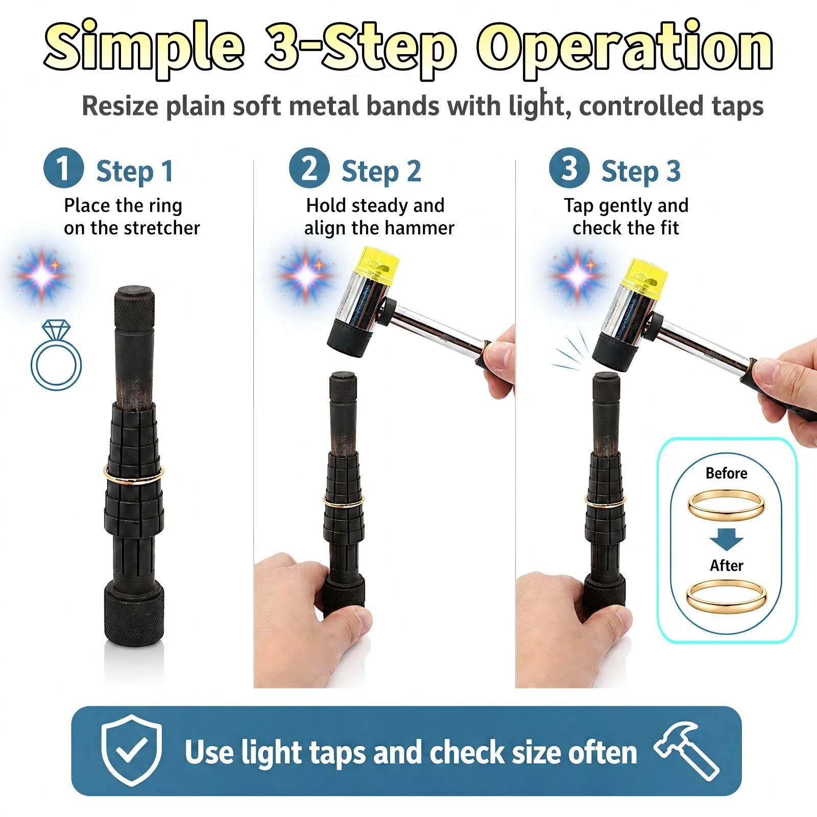 NIUPIKA Jewelry Ring Sizing Tool Set Ring Stretcher Enlarger Reducer with Double Head Rubber Mallet for DIY Jewelry Repair