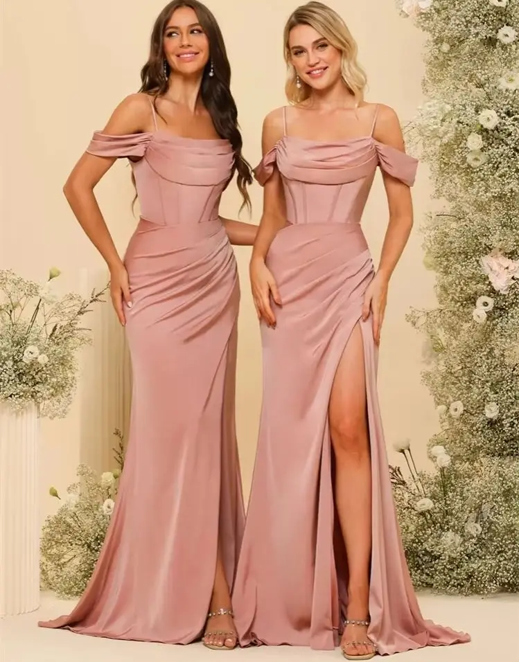 Off-the-Shoulder Spaghetti Straps Silk Satin Sheath Bridesmaid Dress Elegant Zipper Back Gowns For Wedding Guests