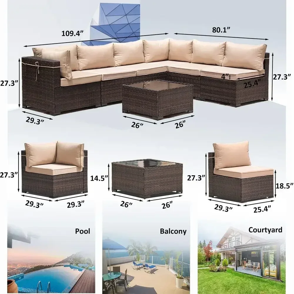 8-Piece Outdoor Patio Furniture Set with Propane Fire Pit, Wicker Sofa, 6 High Back Rattan Chairs, Coffee Table & Gas Fire Pit