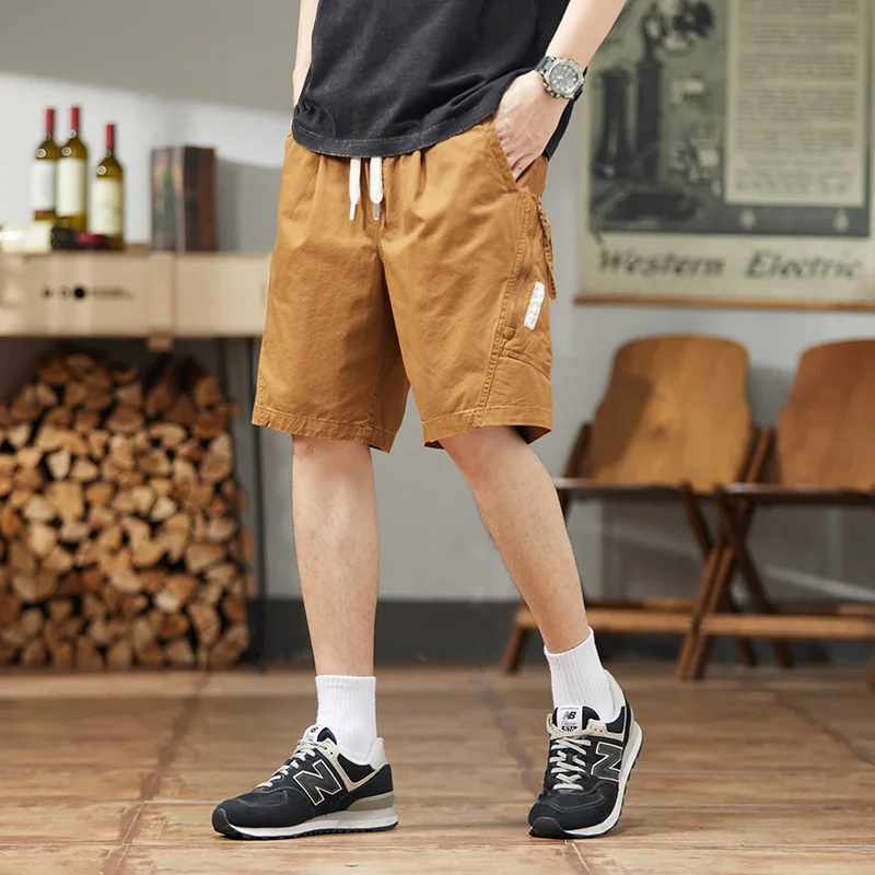 Summer cargo shorts Men's American cotton loose straight pants lace-up casual medium pants multi-pocket five cent shorts trend