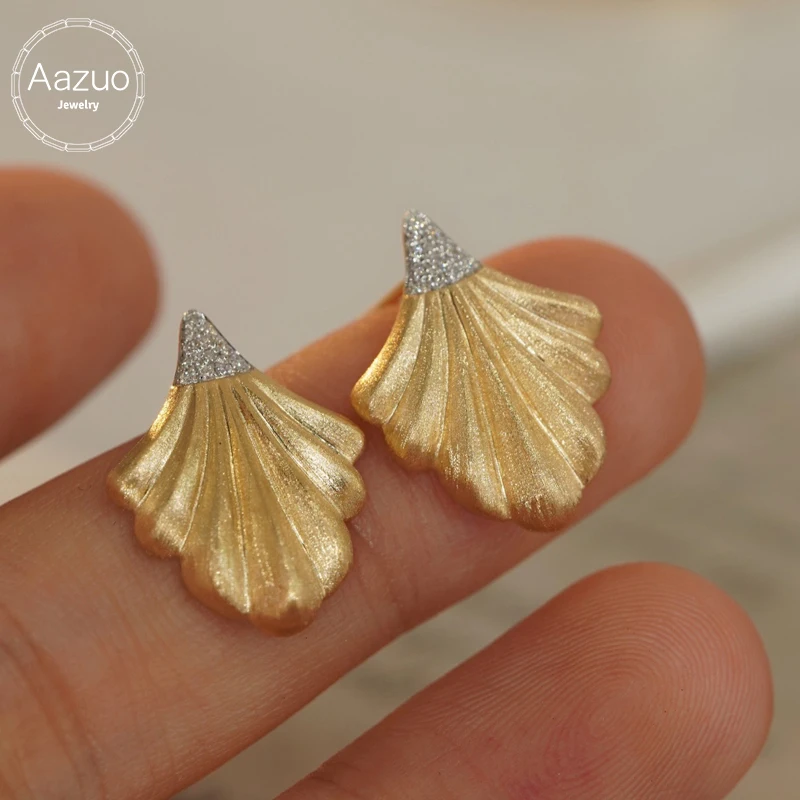 

Aazuo Vintage Style Real 18K Yellow Gold Real Diamond Fairy Fan Shape Stud Earring Gifted For Women Advanced Wedding Party Au750