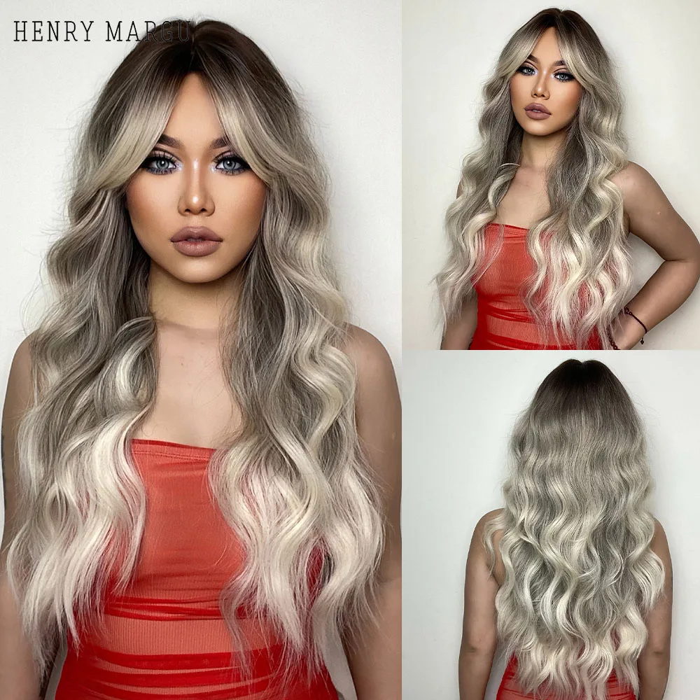 HENRY MARGU Black Ombre Blonde Wave Synthetic Wigs Long Grey Ash Hair Wigs for Women Daily Cosplay Party Heat Resistant Wig