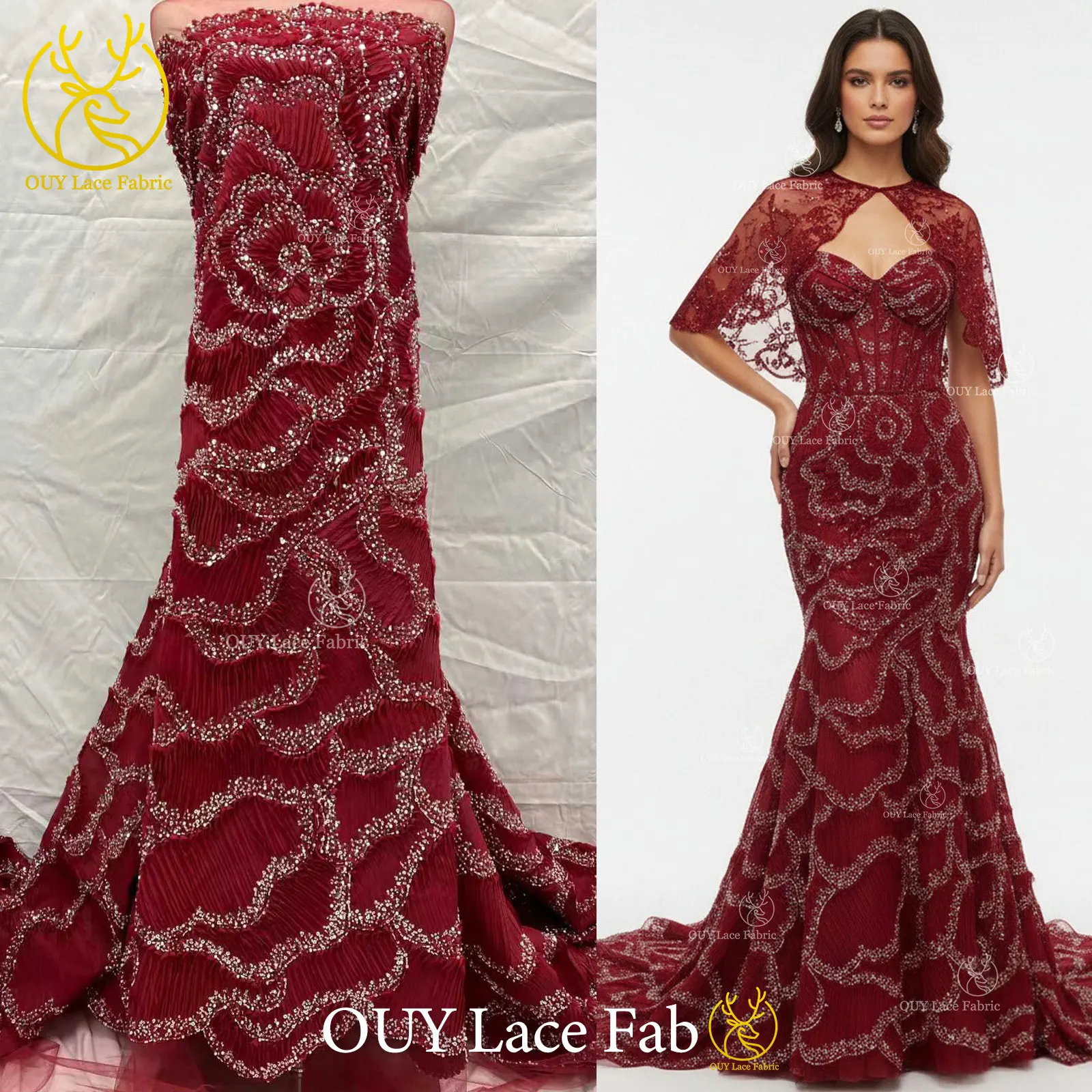 

Модная красная 3D-ткань с французской сетчатой вышивкой, бисером и пайетками, африканская нигерийская кружевная ткань для вечерних платьев и шитья.