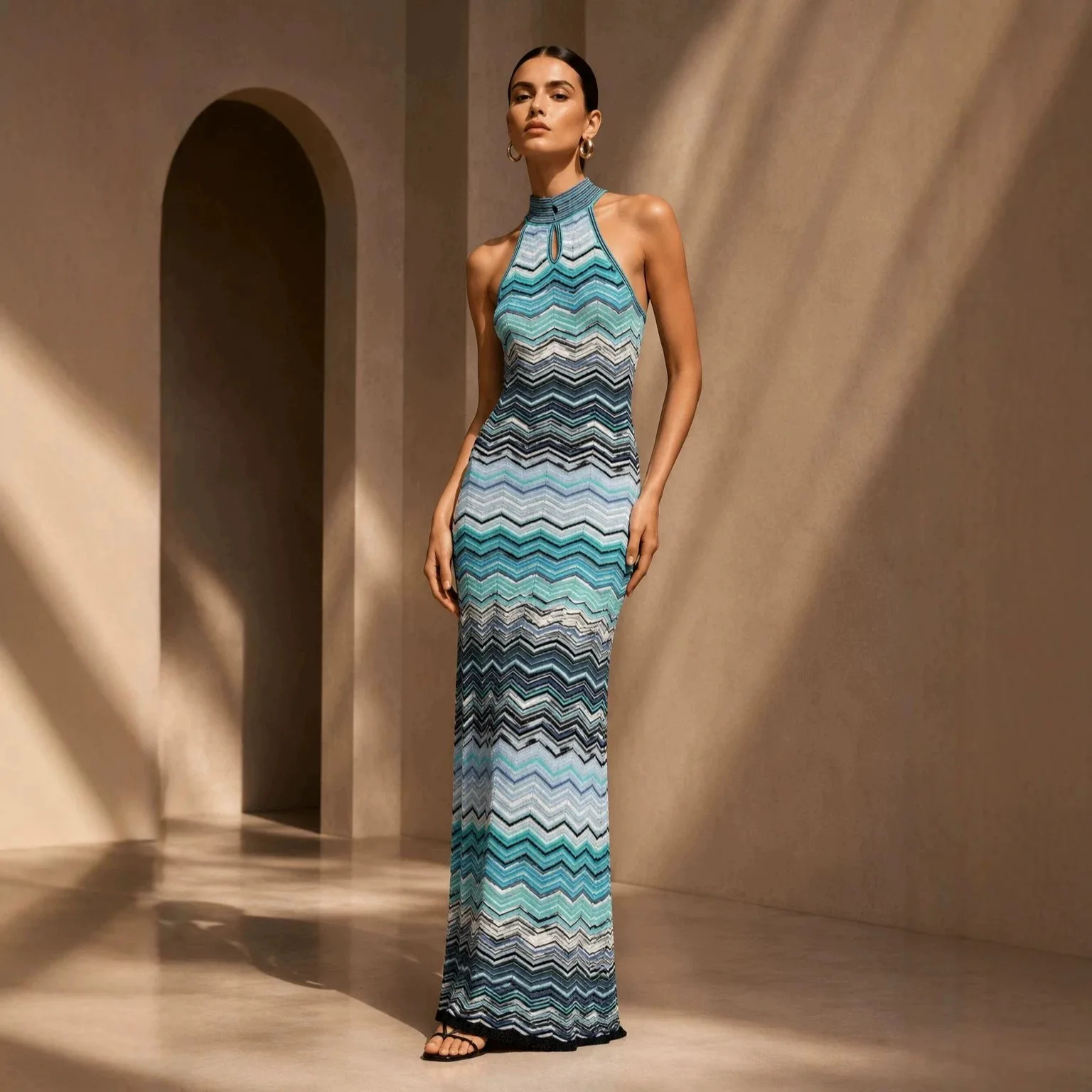 High-end Temperament and Slim Fit New Bright Silk Blend Gradient Color Wave Pattern Knitted Suspender Dress