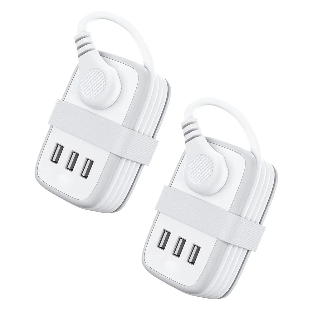 

Travel Power St With Usb 2 Pack, 2 Widely Outlets 3 Usb With 3Ft Short Extension Cord Flat Plug, Small Portable Desktop