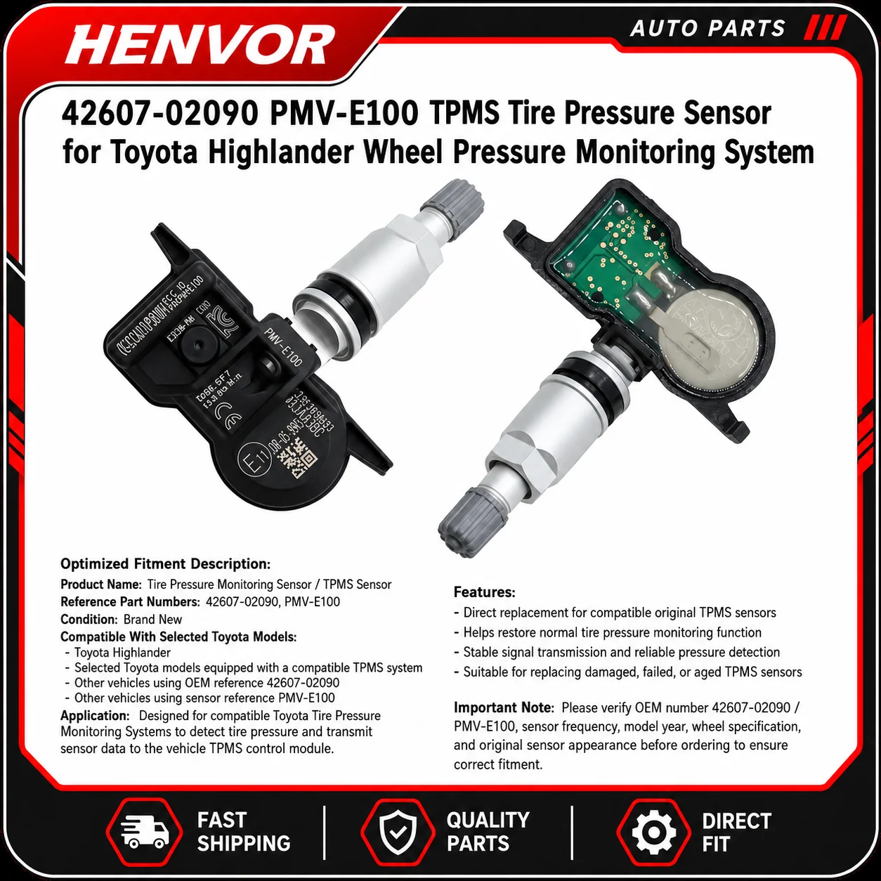 42607-02090 PMV-E100 TPMS Tire Pressure Sensor for Toyota Highlander Wheel Pressure Monitoring System