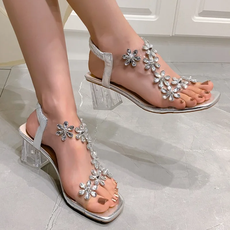 Summer Women Sandals Pvc Crystal Flower Decoration Chunky Heel Peep Toe Back Strap Elastic Band Elegant Fashion Shoes Ladies