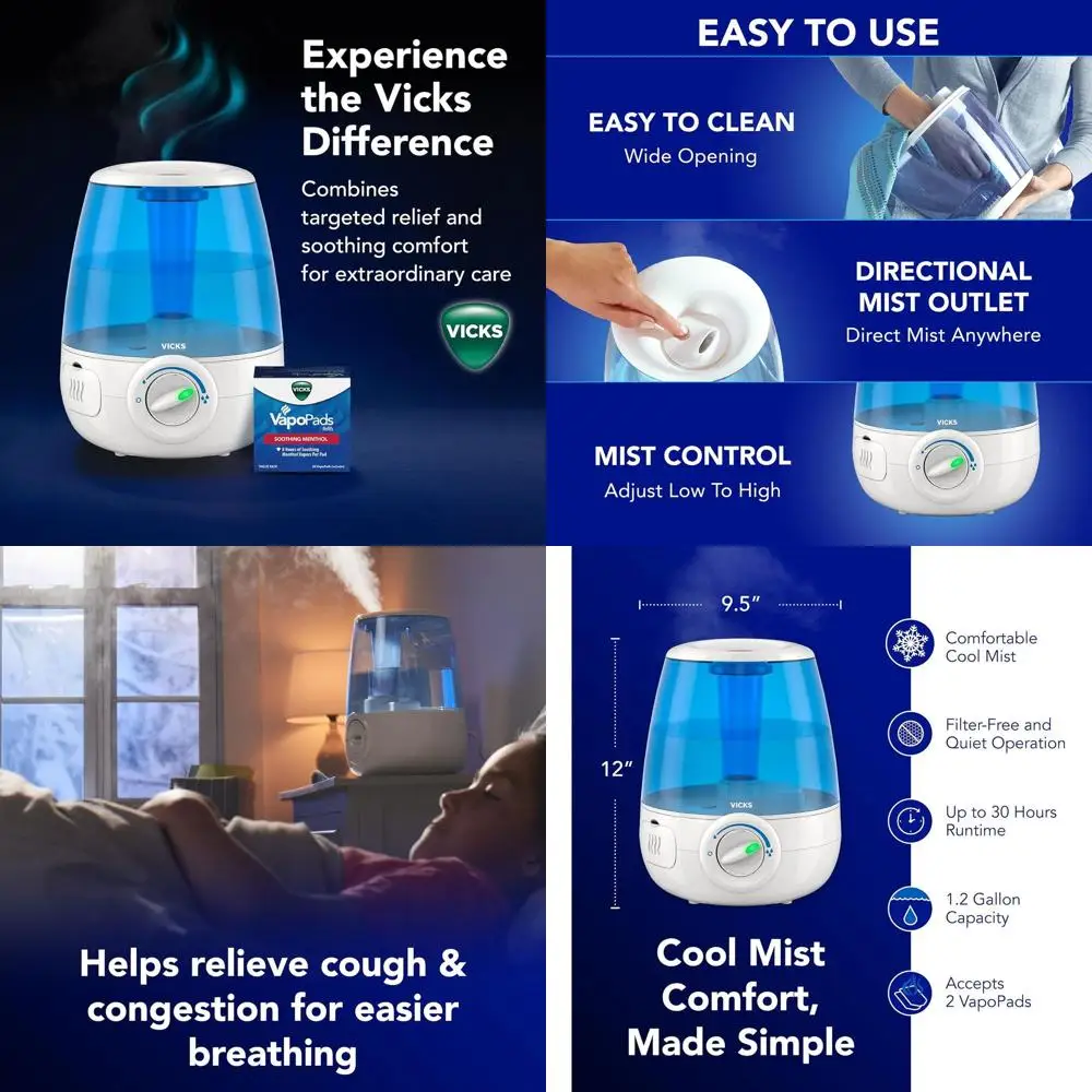 

Ультразвуковой увлажнитель воздуха объемом 1,2 галлона, одобренный педиатрами, идеально подходит для детских комнат и спален, совместим с VapoPads.