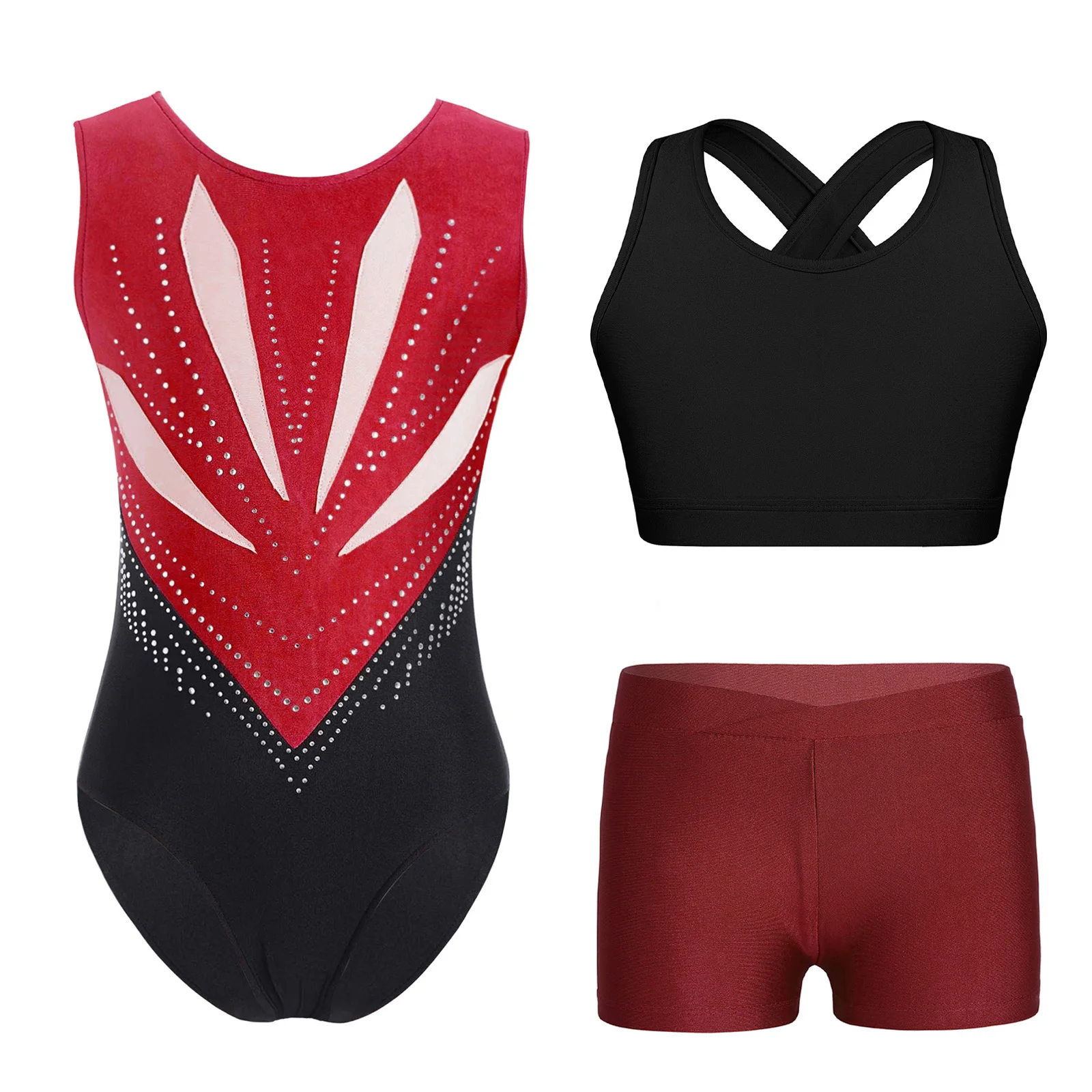 2025 Bambini Set di danza ritmica Ragazze Bowknot Ritaglio Indietro Strass Body + Vest + Pantaloncini Balletto Pattinaggio Ginnastica Abiti da palcoscenico