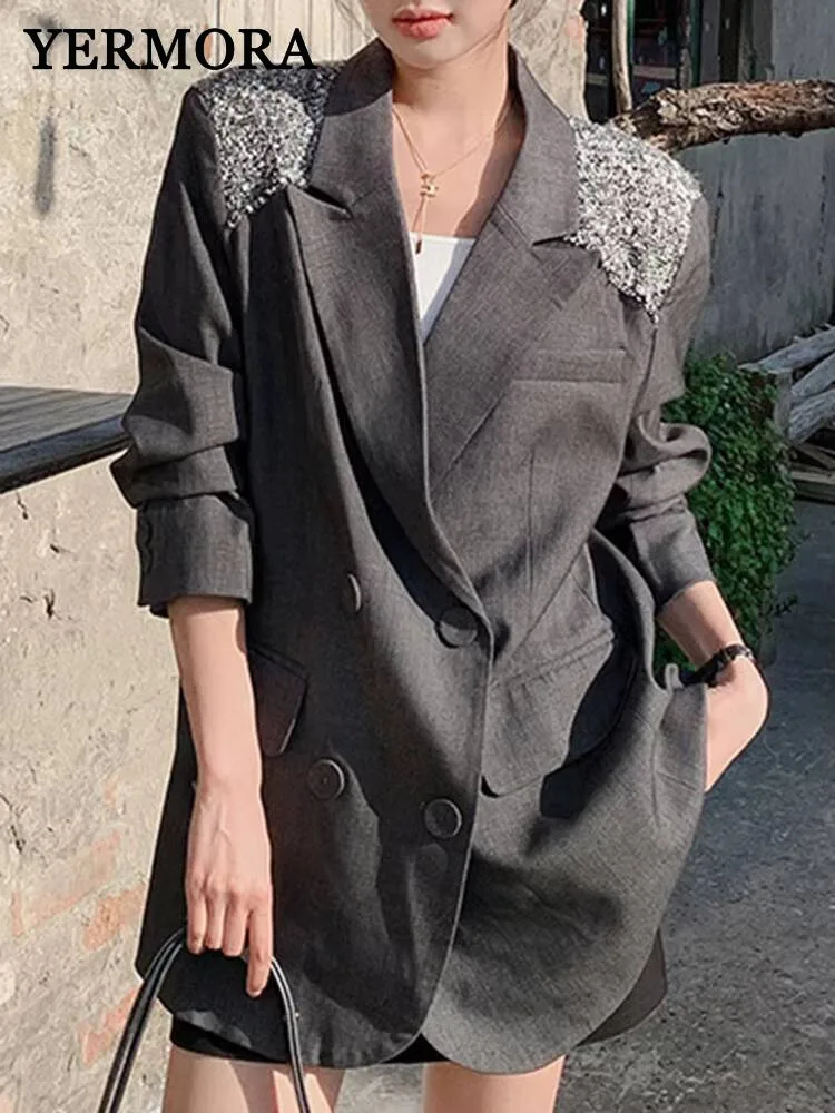 

YERMORA Gray Spliced Burr Button Casual Blazer For Women Lapel Long Sleeve Loose New Jacket Fashion Tide Spring Autumn 2025