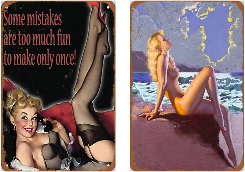 Dmxplus Metal Sign Set of 2 Tin Signs 8 x 12inches - Beach Sexy Pinup Girl Vintage Look Wall Decoration Bar Cafe Home Decor Plaq