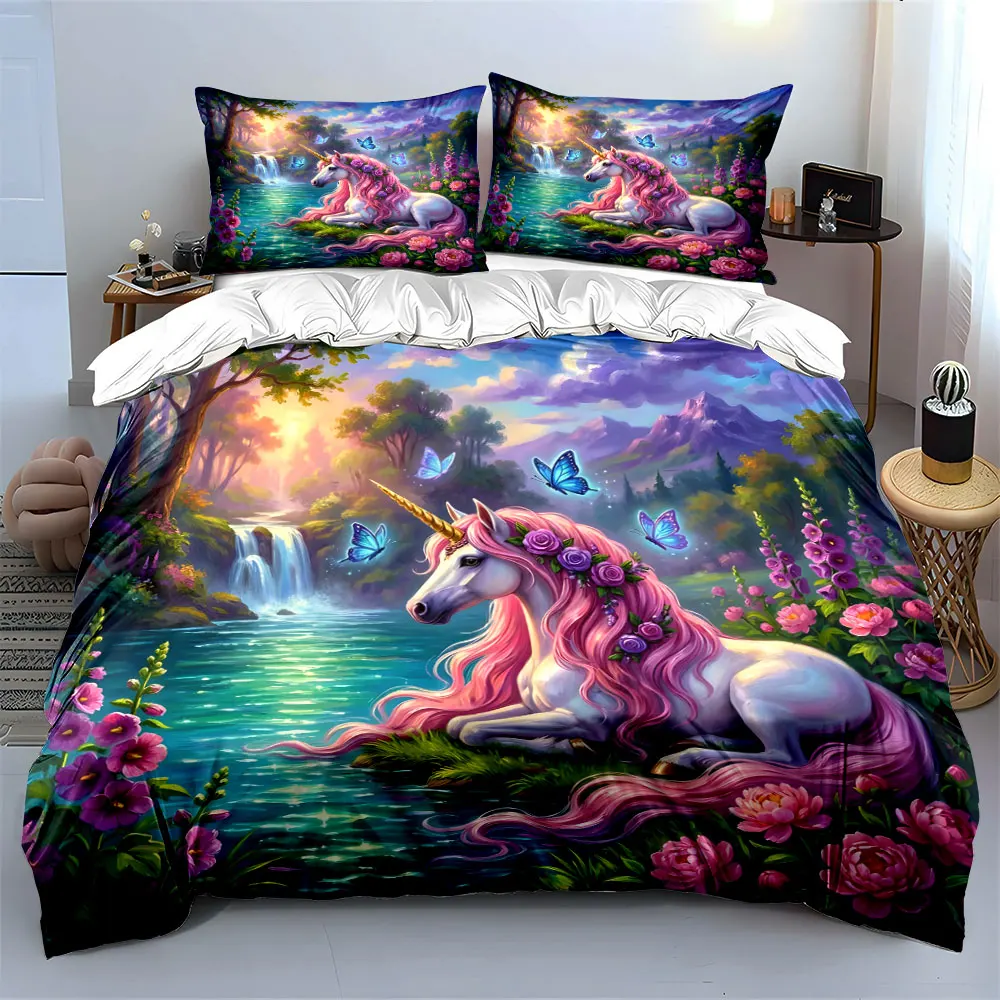 Dreamy Unicorn by the Lake Print Bedding set 3PC 1 duvet cover 2 pillowcases adult and children bedding set Luxury