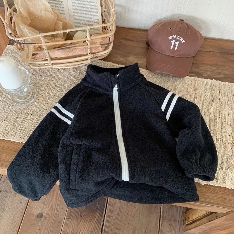 

4-10Year Children Outwears Fleece for Winter Autumn Teenager Boy Jackets High Collar Coats Fashion Striped Solid Kid Girl Jacket