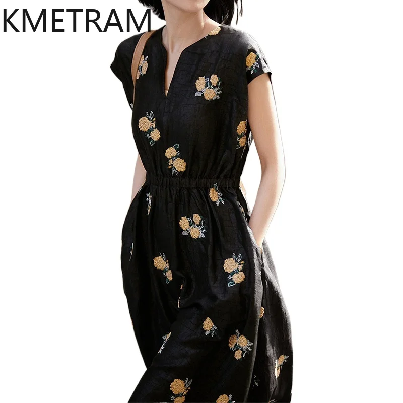 KMETRAM-vestidos longos de seda amora para mulheres, vestido preto pequeno high-end, vestido a-line, bordado xiangyunsha, roupas de verão