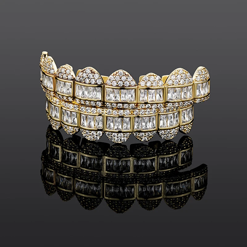 New High-end luxury Baguette Set Teeth Grillz Top & Bottom 14K White Gold Hip Hop Fashion Rapper Jewelry Gift For Men Women
