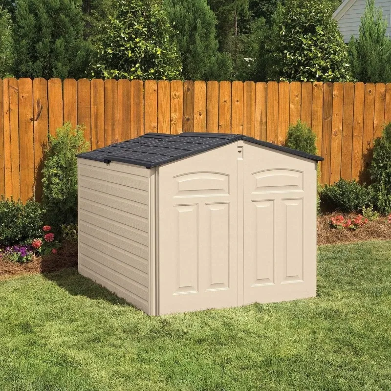 Cobertizo de almacenamiento exterior de resina con tapa deslizante (5 x 6,5 pies), resistente a la intemperie, beige/marrón, organización para el patio trasero del hogar