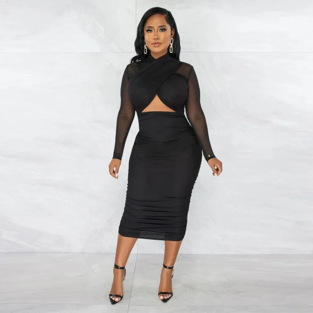 2024 Women Cutout Front Halter Neck Mesh Patchwork Long Sleeve Ruched Bodycon Midi Dress Sexy Night Party Club Dresses