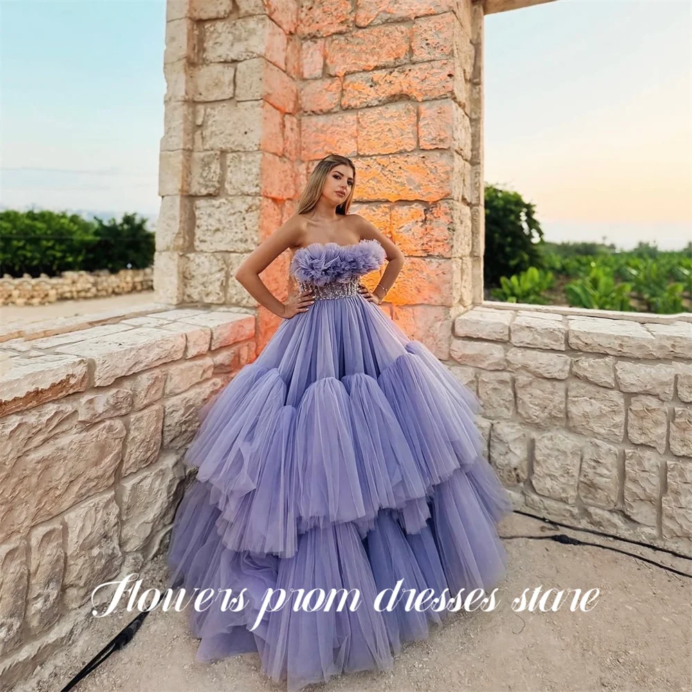 

Flowers Dreamy Lavender Formal Dresses Strapless 프롬 드레스 Tiered Tulle Ball Gown with Crystal Bodice Evening Dress Customized