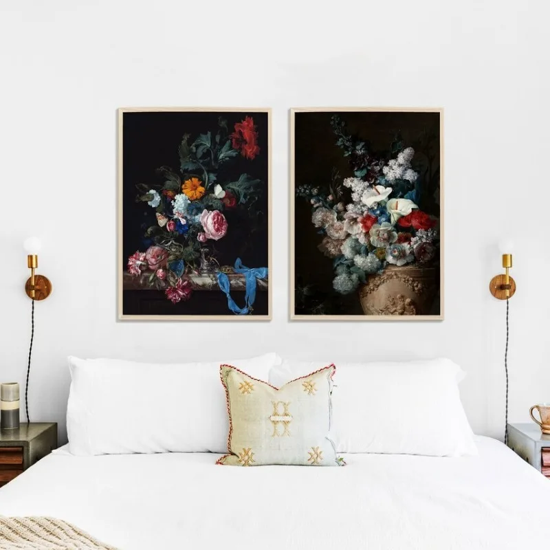 Baroque Floral Dark Still Life Poster Vintage Botanical Flower Moody Dutch Canvas Painting Wall Art for Living Room Home Decor