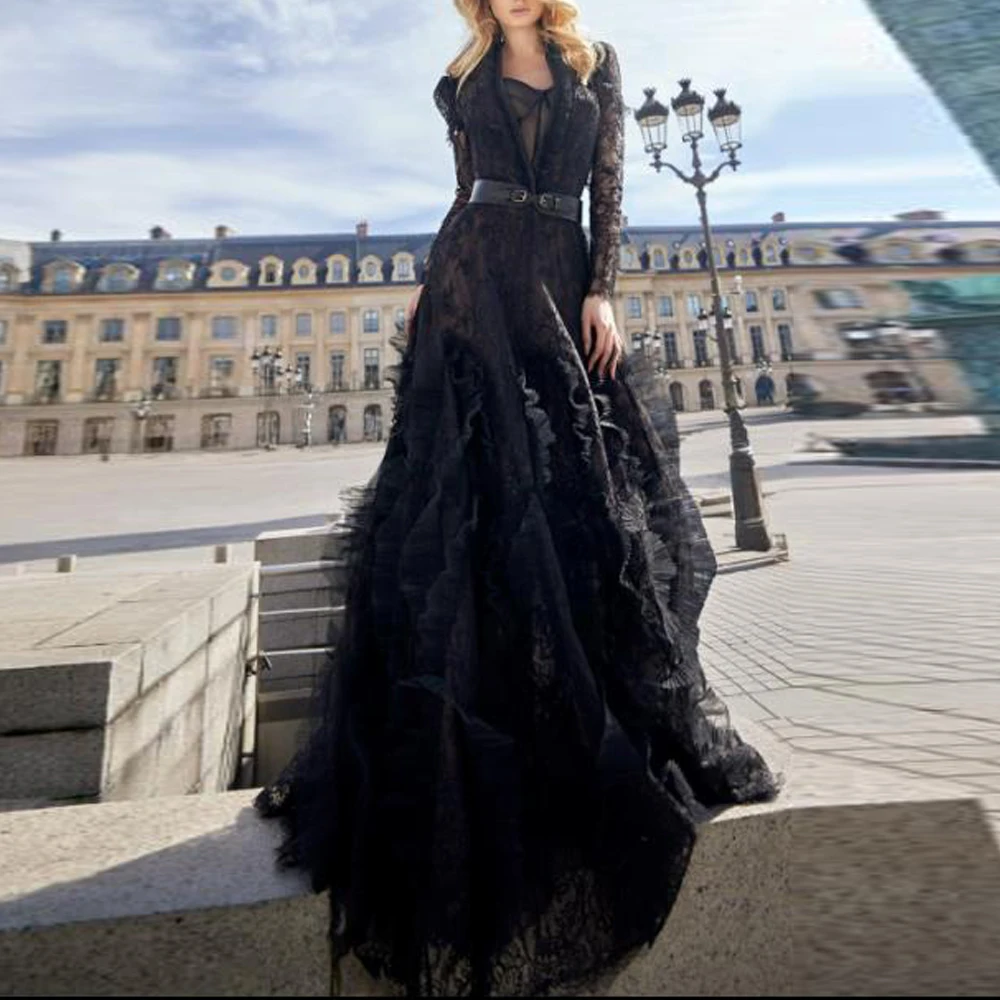 

Черные кружевные вечерние платья с оборками по индивидуальному заказу, V-образным вырезом и длинными рукавами, платья de gala 2022, многоуровневое платье трапециевидной формы, Vestido de festa