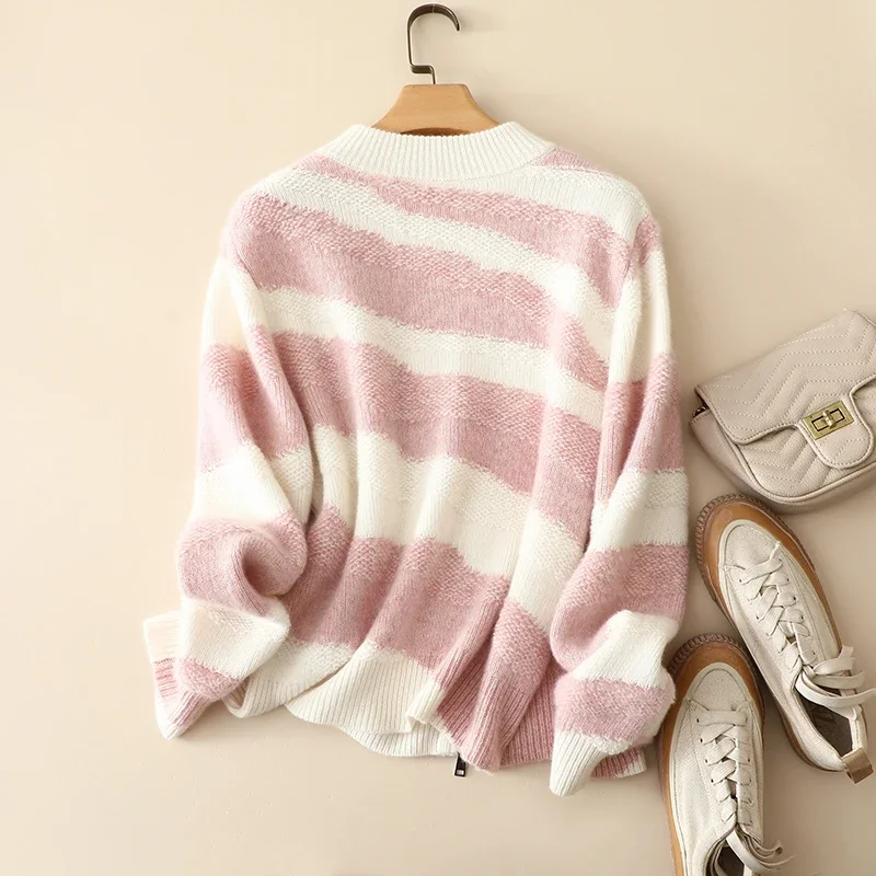 winter thick trendy superior 100% cashmere zipper cardigan outerwear europe fashion warm striped cozy coat