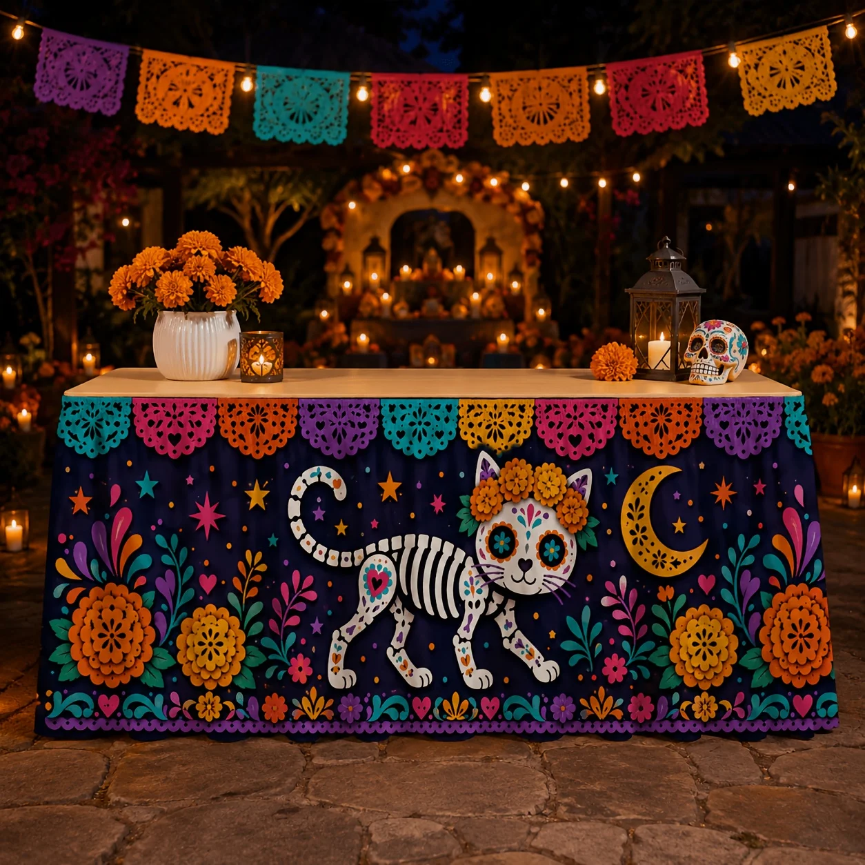 1 piece of tablecloth or table skirt, Candy Skull Cat, Marigold Crescent, Papel Picado, Day of the Dead, Mexican Festivalzyc