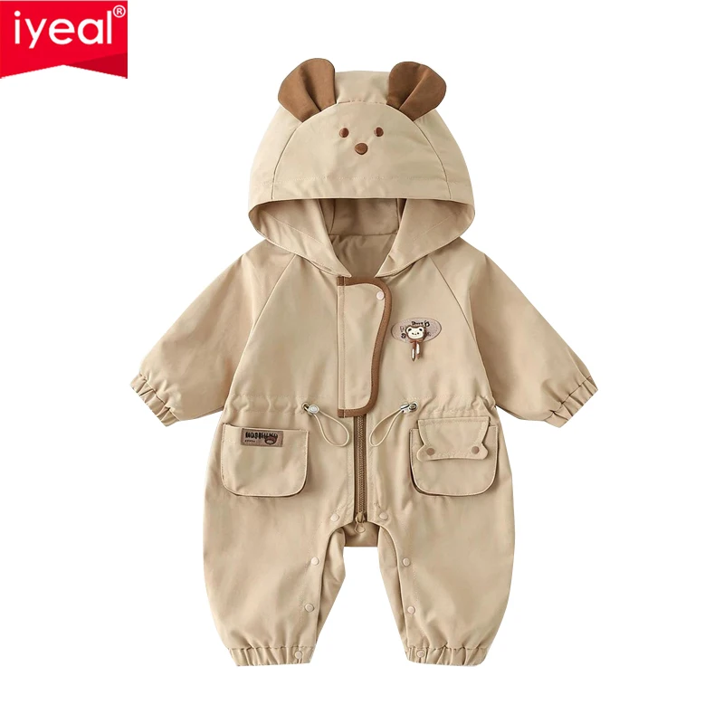 IYEAL Baby Bear Ear Hooded Romper, Zipper Drawstring Long Sleeve Jumpsuit, Cute Cartoon Infant One Piece Outerwear Outfit