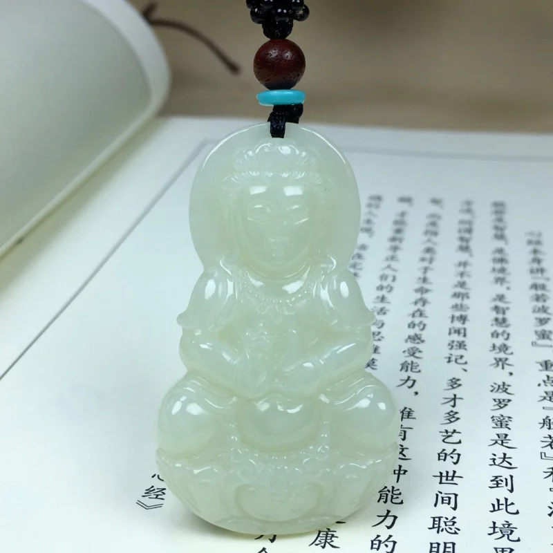 

Hetian Pendant Men Women Green and White Guanyin Jade Amulet Laughing Buddha Penda