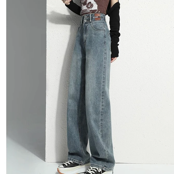 Black gray jeans female spring and autumn 2023 new high-waisted loose thin straight big yards wide-legged drag pants