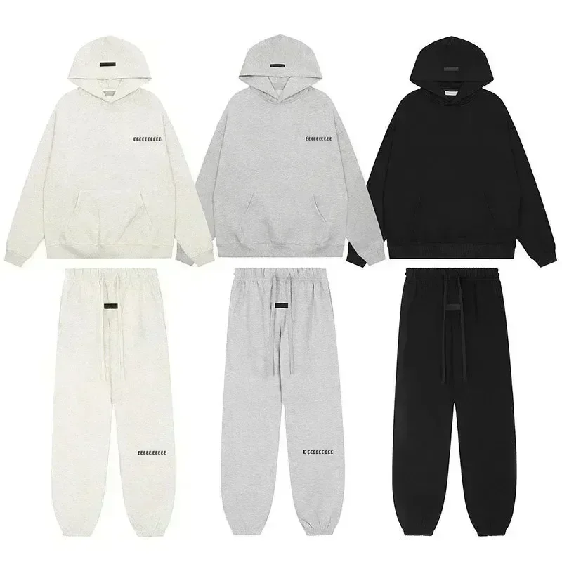 Trend Brand Double Line Two Row Flocking Letter Hooded Sweater Fashion Men's Loose Hoodies High Street Luxury Womens Pants Set