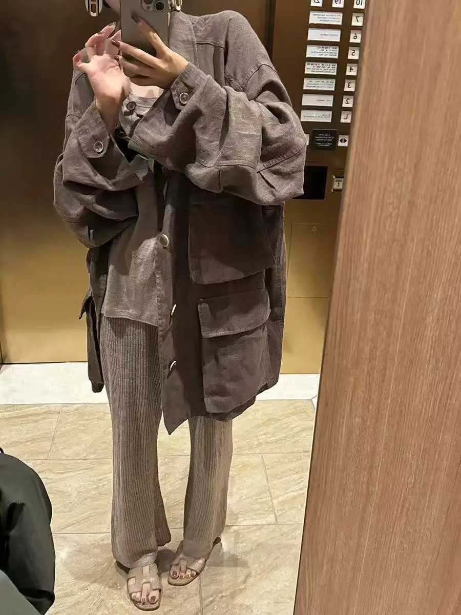 Retro Vintage Linen Coat Women Loose Casual Minimalist Autumn Windbreaker Long Sleeve Button up Pure Color Fashion Ladies' Wear