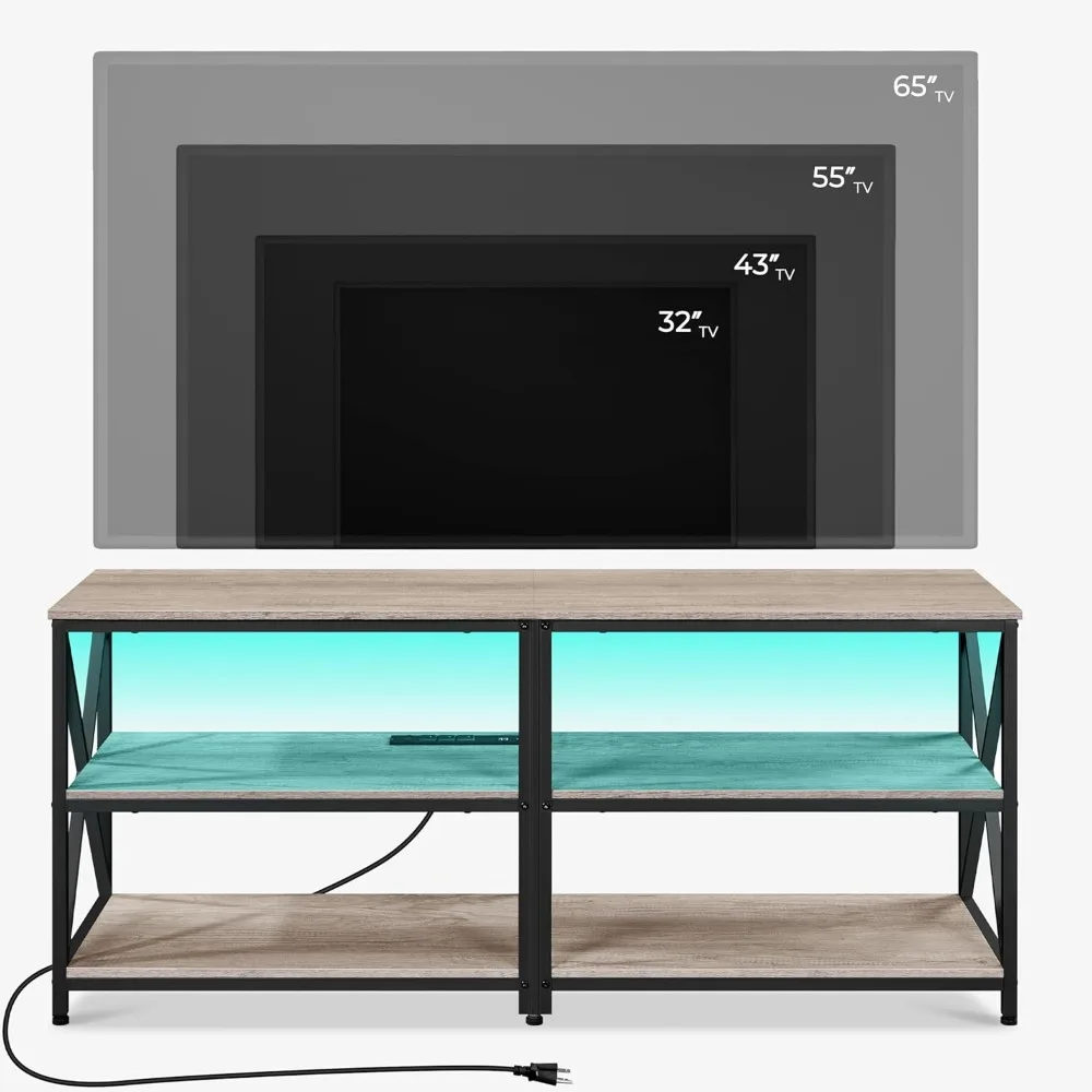 Centro de entretenimento de estilo industrial com luzes LED e tomada de energia para TVs de 65 polegadas, console de TV de 3 camadas