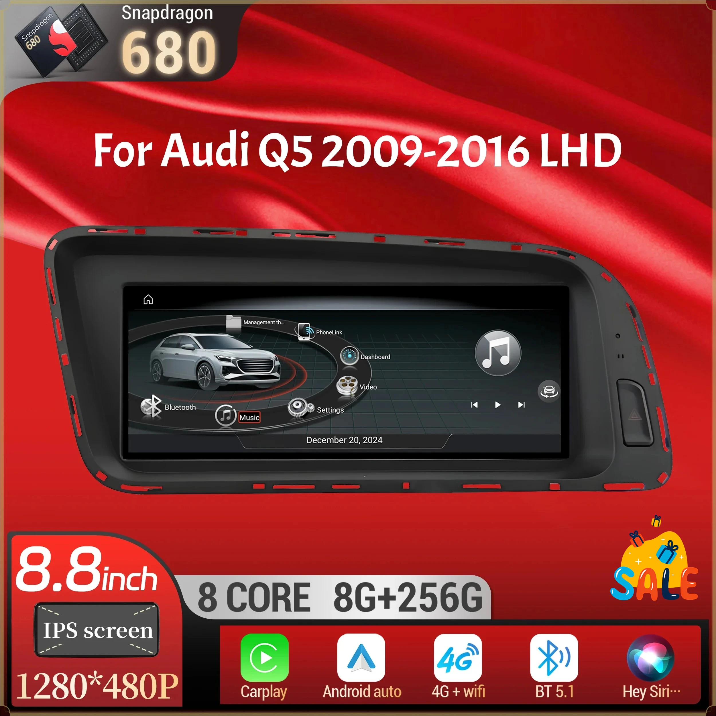 8.8 inch For Audi Q5 2009-2016 Left Hand Drive Android 14 Car Radio Wireless BT Carplay Qualcomm Snapdragon 680 Head Unit Screen