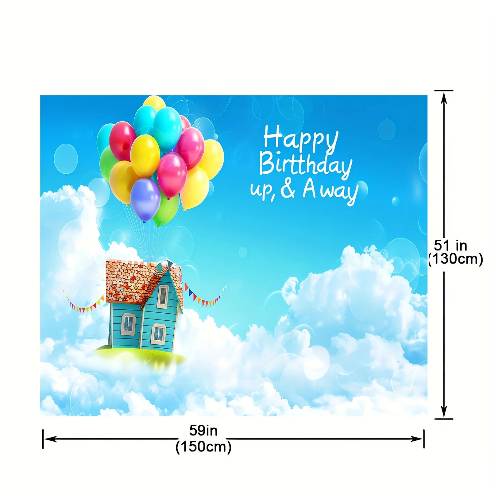 Birthday party photo background Adventure Happy Birthday up, balloons party decoration blue sky white clouds, banner decoration