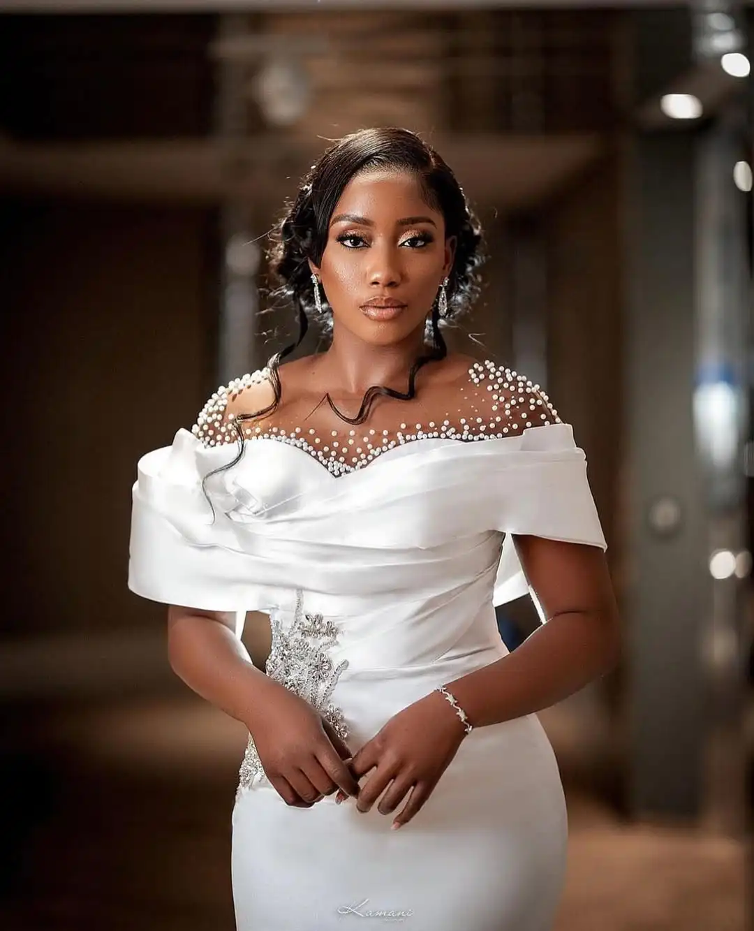 Clean White Mermaid Wedding Dresses for Black Bride Sheer Neck Pearls Beading Satin Africa Garden Beach Bridal Gowns Customized image 5