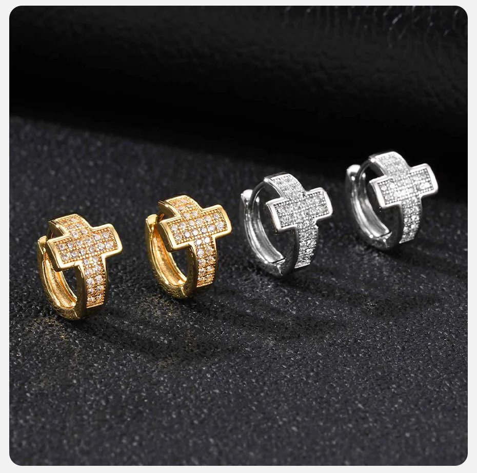 Vnox Herren Kreuz-Huggie-Creolen, Kupfer-Mikro-Pavé-Creolen mit CZ-Einlage, Punk-Hip-Hop Kleine Creolen für den Alltag, Party-Geschenk – Detail 6